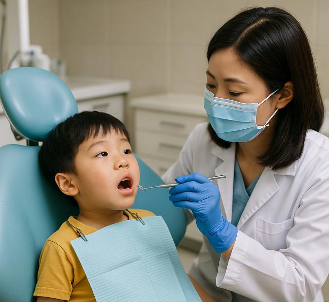 兒童牙科診所內，正在為小男孩檢查牙齒